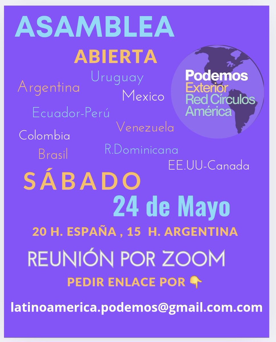 Asamblea Red Círculos Podemos América 
En el contexto crecimiento Fascista acciones para combatirlo y defensa derechos de la Diáspora en territorio y consulados. Ahora más que nunca <a href="/PODEMOS/">Podemos</a> Exterior organizado.
Te esperamos,  mándanos solicitud al correo.
#YoVotoPodemos