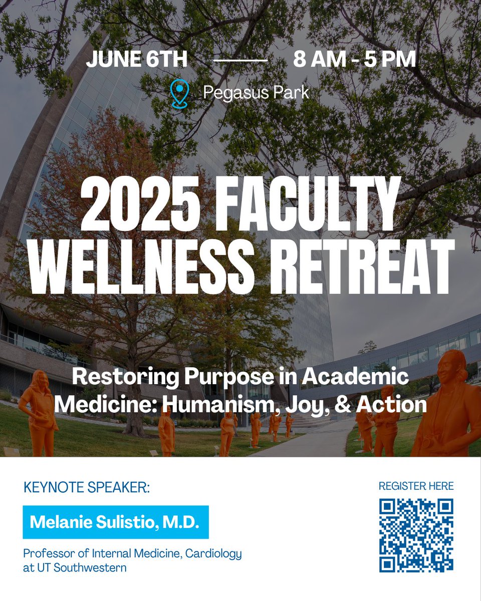 UTSW_Anesthesia's tweet image. Mark your calendars for the 2025 Faculty Wellness Retreat on June 6th at Pegasus Park! Spend the day reconnecting with purpose through humanism, joy, and action in academic medicine. Featuring keynote speaker Dr. Melanie Sulistio, this retreat is a chance to recharge and reflect.