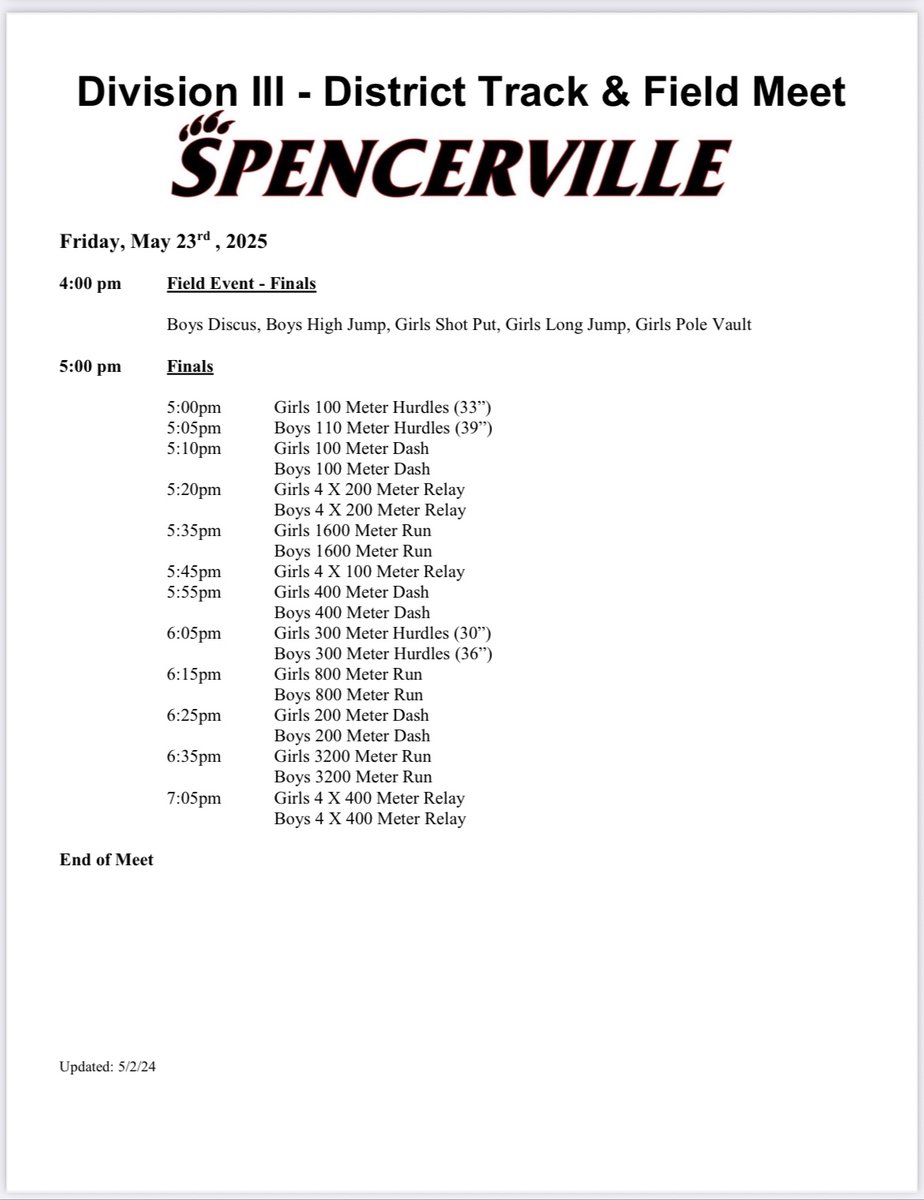 Day two of Districts tonight at Spencerville. Field Events start at 4:00, running at 5:00. Schedule is below and you can follow the results live on:

milesplit.live/meets/679947