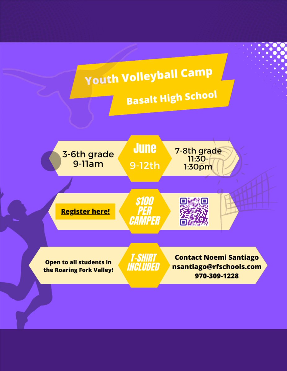 Basalt Volleyball is offering a summer camp in June! 

¡Basalt Volleyball ofrece un campamento de verano en junio!