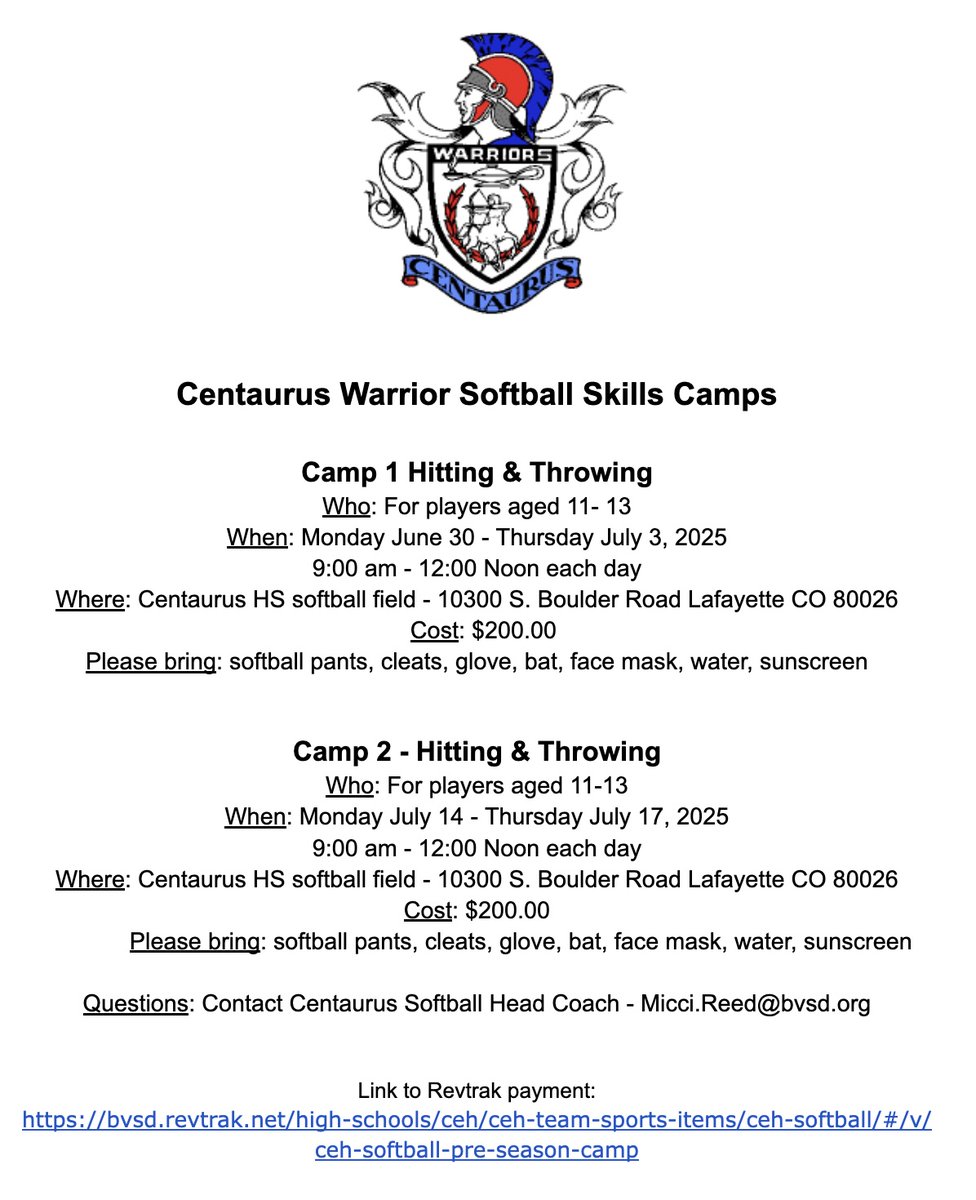 Centaurus Softball Softball Camps - link to Revtrak payment is here: bvsd.revtrak.net/high-schools/c…

GO WARRIORS!

<a href="/BVSDcolorado/">Boulder Valley School District</a>