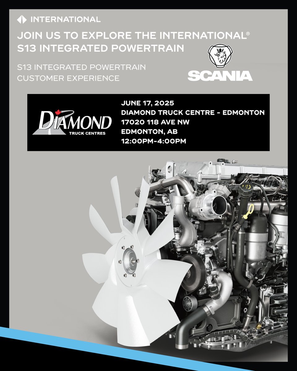 DiamondIntTrux's tweet image. 🚛 Join us June 17 at Diamond Truck Centre (Edmonton) for an up-close look at the International® S13 Integrated Powertrain
 💥 Plus, enjoy a free hotdog or burger!
📍 17020 118 Ave NW
#S13Powertrain #TruckTech #FreeBBQ