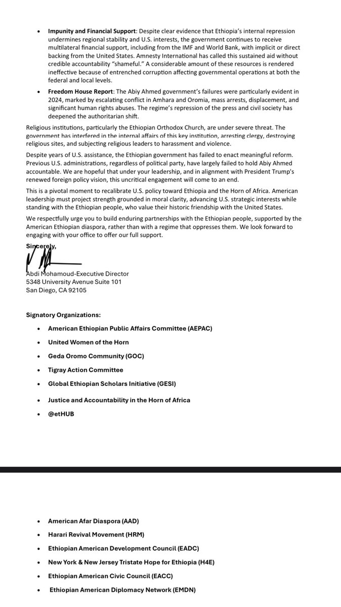 HoACommunity's tweet image. 14 American-Ethiopian diaspora organizations have shared a letter with Sec. @marcorubio highlighting the deteriorating situation in Ethiopia, including displacement, civilian casualties, and restrictions on civil liberties. 

We encourage a U.S. approach that balances strategic…