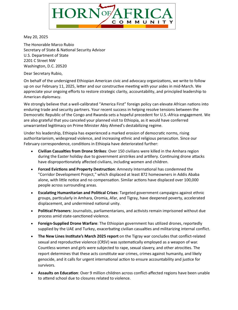 HoACommunity's tweet image. 14 American-Ethiopian diaspora organizations have shared a letter with Sec. @marcorubio highlighting the deteriorating situation in Ethiopia, including displacement, civilian casualties, and restrictions on civil liberties. 

We encourage a U.S. approach that balances strategic…