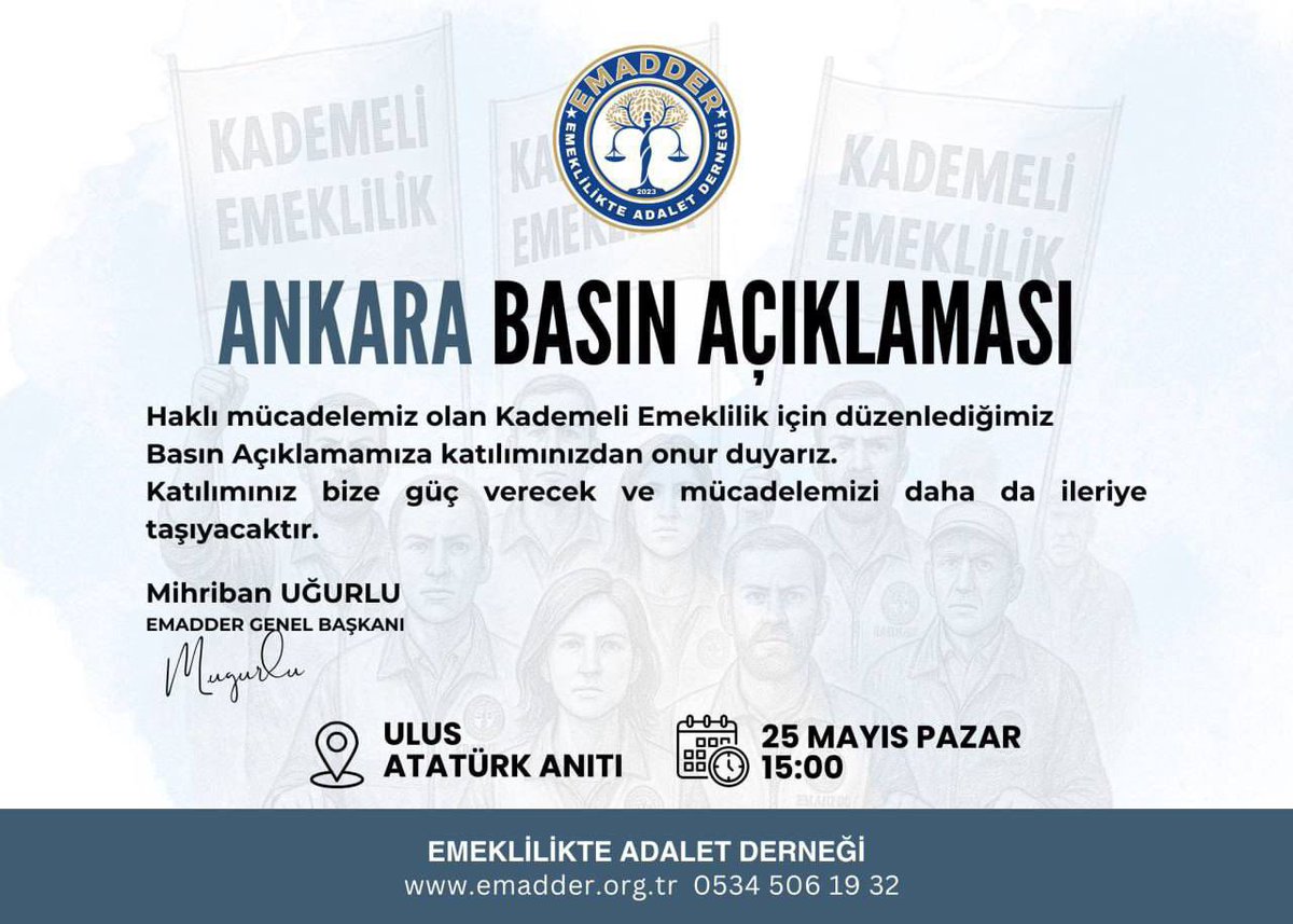 İşe 1 gün geç başladığı için 17-20 yıl fazladan çalışmak zorunda bırakılanlar bu kez Ankara’dan ses yükseltiyor.

25 Mayıs Pazar günü saat 15:00’te Ankara Ulus’tan yükselecek kademeli emeklilik sesine ses olmak isteyen tüm vatandaşlarımızı meydana davet ediyoruz. 

<a href="/EmadDernegi/">EMEKLİLİKTE ADALET DERNEĞİ ⚖️</a>