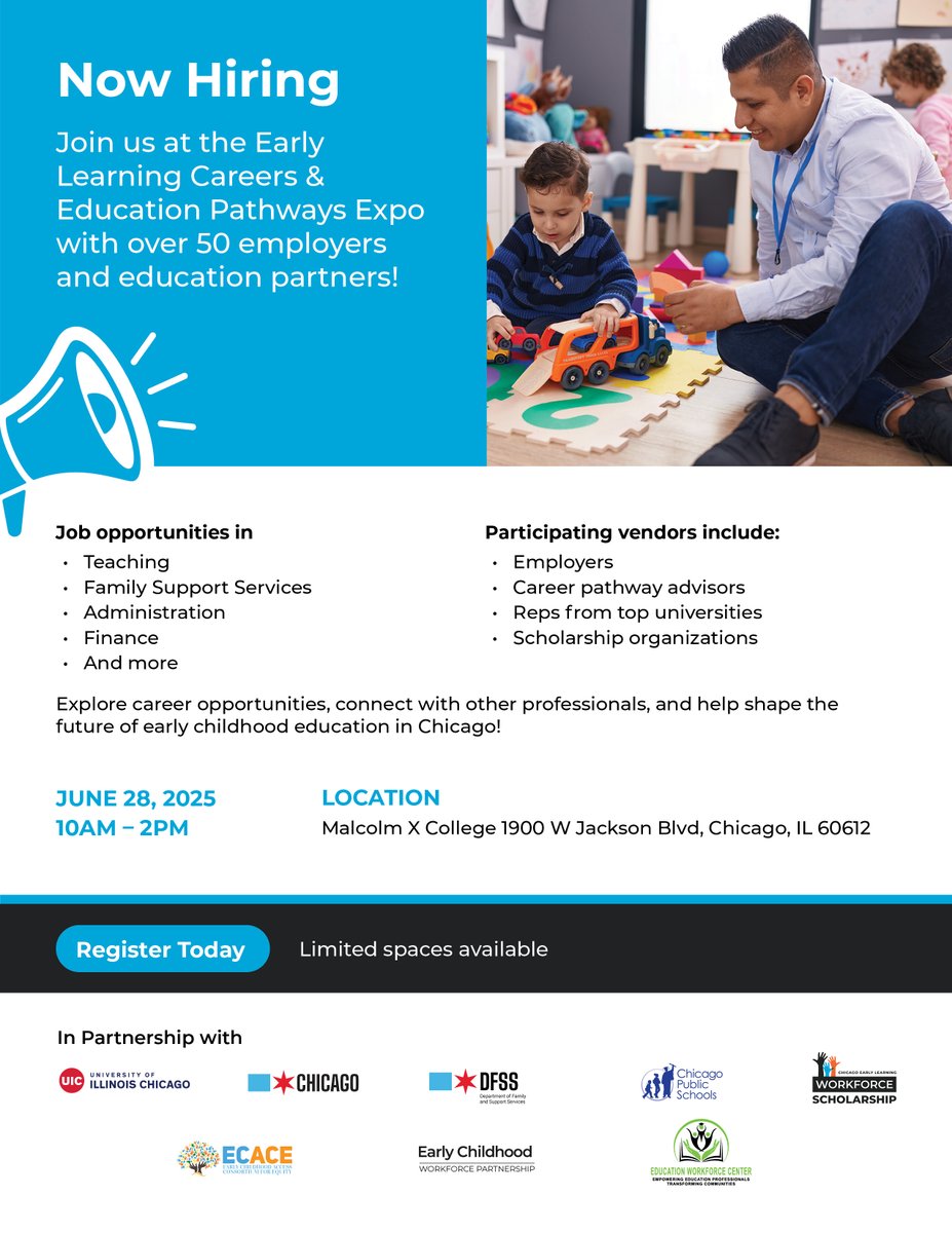 🚨Early Childhood Educators, Chicago’s 2nd Annual Early Learning Careers &amp; Education Pathway Expo is June 28th! Learn more about job opportunities and meet with career pathway advisors, reps from universities, scholarship orgs and more at Malcom X College: theinnovationnexus.org/expo/