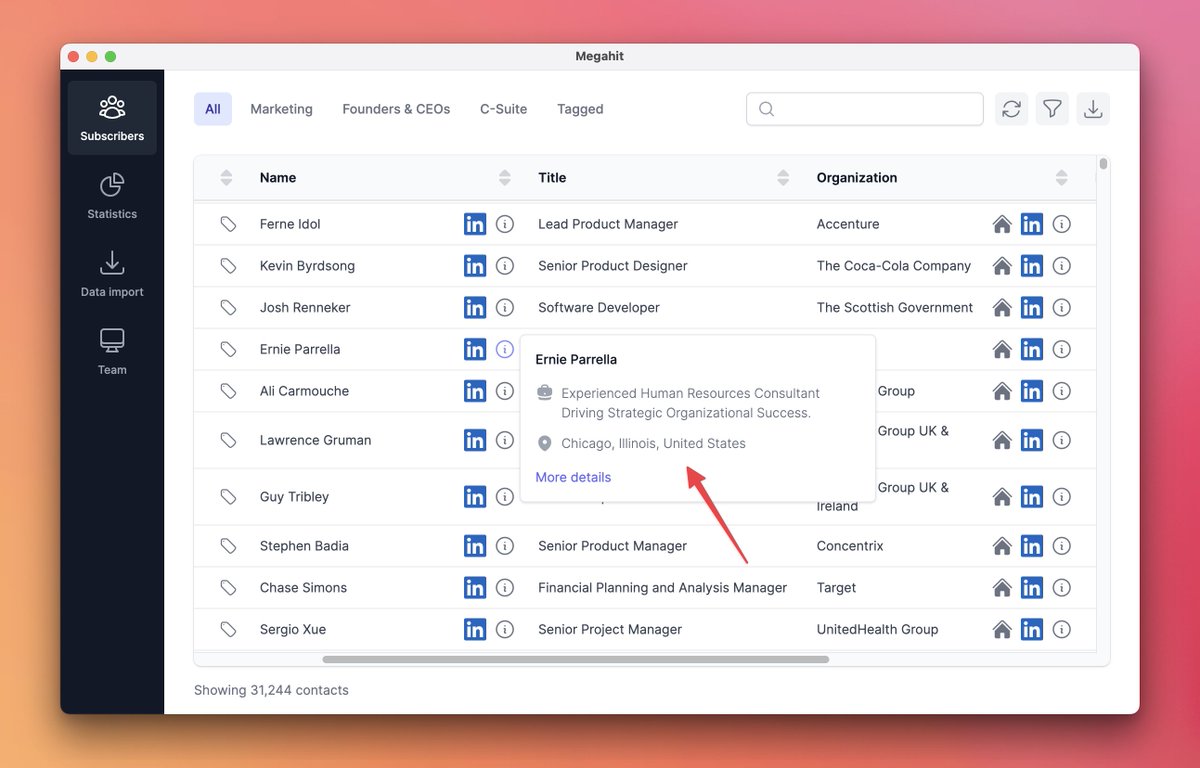 nikwen_de's tweet photo. New in Megahit: See where your newsletter subscribers live! 🗺️

Super useful to send targeted event invites.

Now the location is shown right in the subscriber list.

The data comes from their online profiles.
It's unaffected by Apple Mail Privacy Protection.

@MegahitApp finds job data on your newsletter subscribers.
Then it helps you use that data to monetize better.
Reach out if you want to monetize better with data!