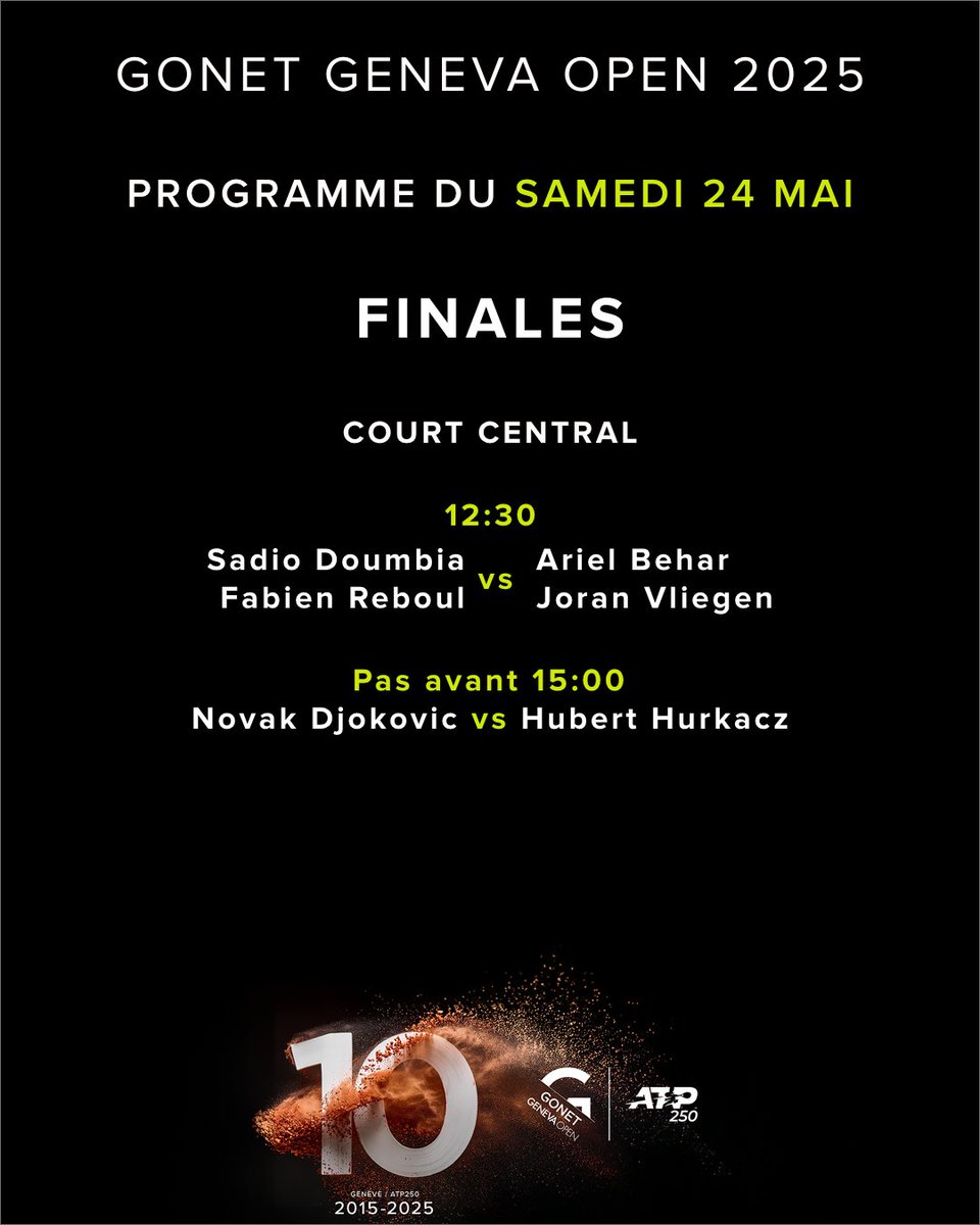 𝐏𝐫𝐨𝐠𝐫𝐚𝐦𝐦𝐞 𝐅𝐈𝐍𝐀𝐋𝐄𝐒 🔥🎾

#gonetgenevaopen #atpgva #orderofplay #programmedujour #atp #tennistv #atptour #geneva #geneve #suisse #switzerland #genevaevent #tennis #welovetennis #tennislove #tennisfan #tennislife #tennistime