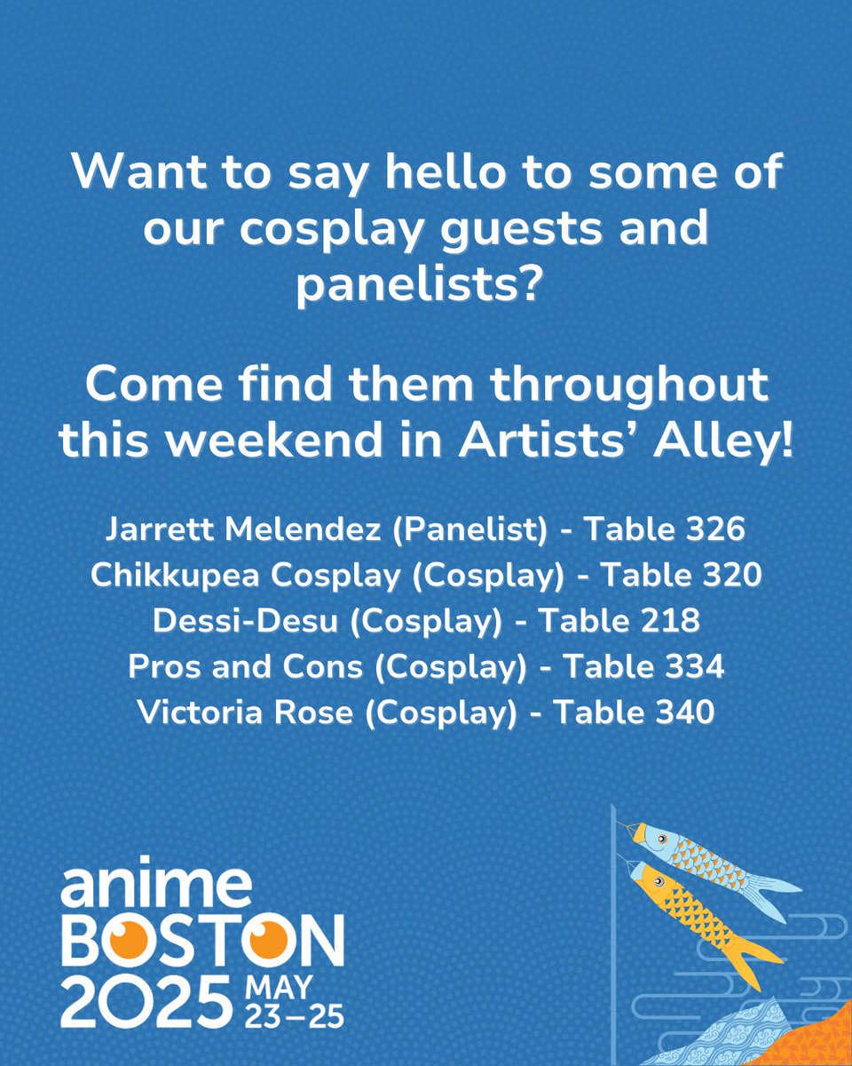 Say hello to some of our cosplay guests and panelists this weekend in Artists' Alley!

Jarrett Melendez (Panelist) - Table 326
Chikkupea Cosplay (Cosplay) - Table 320
Dessi-Desu (Cosplay) - Table 218
Pros and Cons (Cosplay) - Table 334
Victoria Rose (Cosplay) - Table 340
