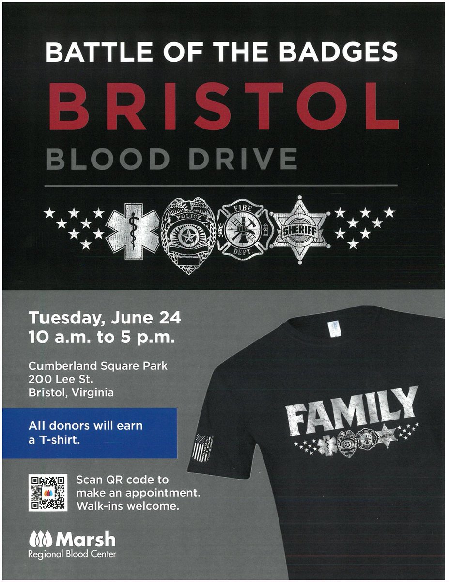 The Battle of the Badges is coming up on June 24. Come out to support Bristol VA badges as they compete against Bristol TN with blood donors!