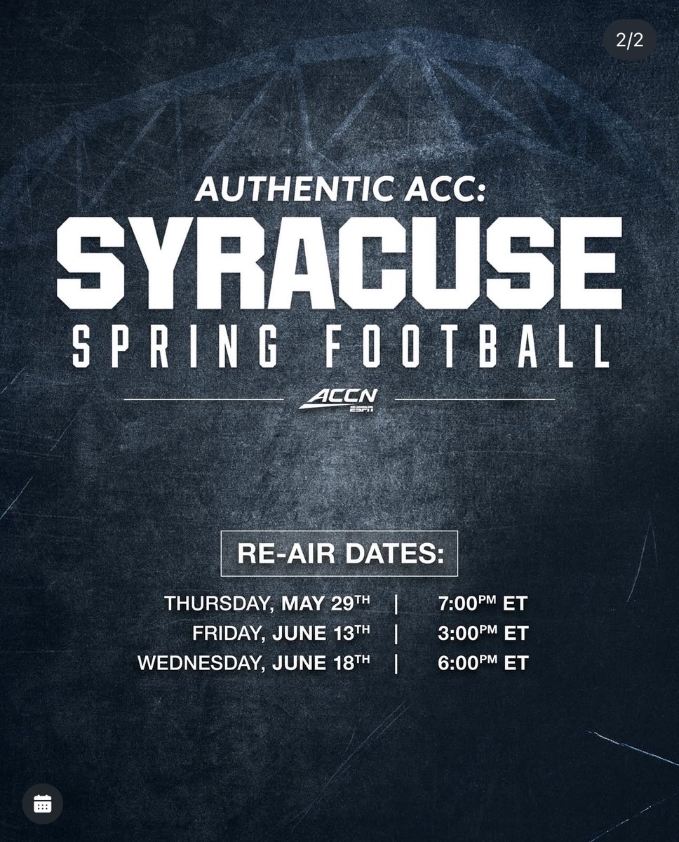 If you missed <a href="/CuseFootball/">Syracuse Football</a> "Authentic ACC: Syracuse Spring Football" don't worry! Check the graphic for re-airs and you can also see it on <a href="/ESPNPlus/">ESPN+</a> espn.com/watch?id=bf5b2…