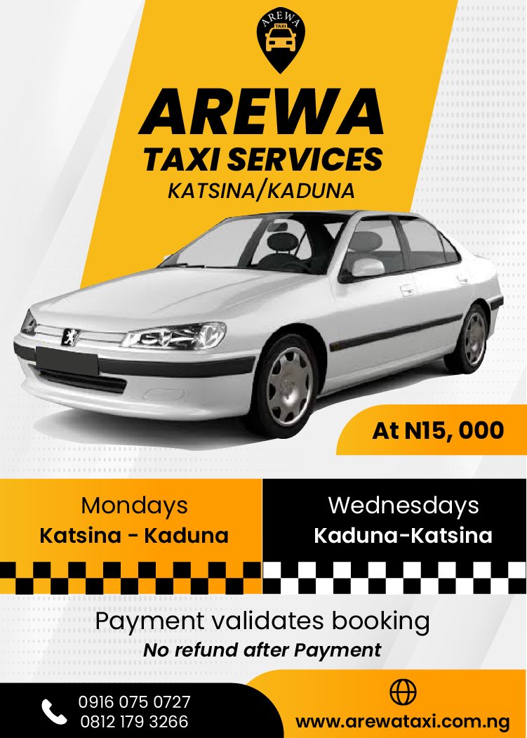 ArewaTaxi's tweet photo. We are thrilled to bring you our weekly mondays and Wednesdays service, kindly reach out to us for your reservations. #ArewaTaxi https://t.co/4Sg2y1mBRP