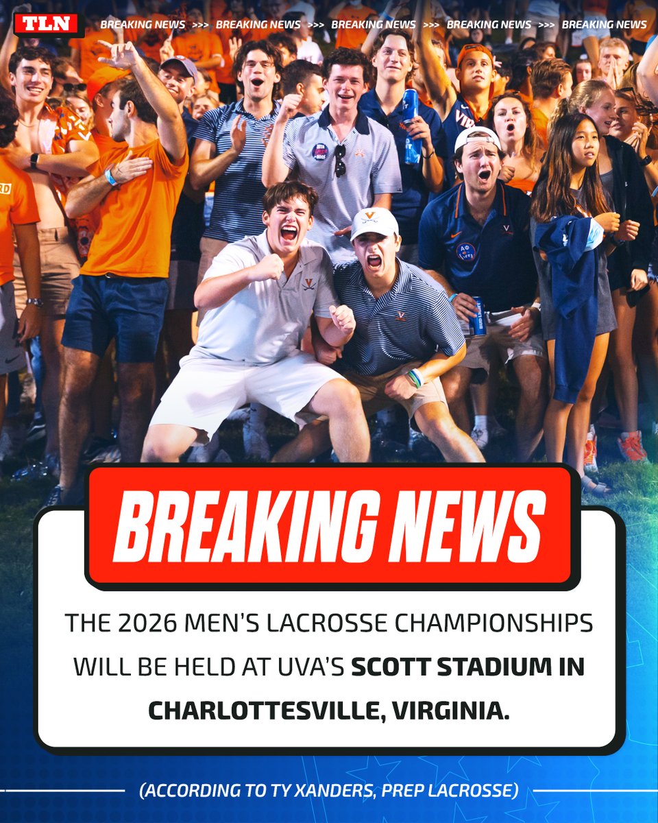 TLN ๐ฅ (@lacrossenetwork) on Twitter photo BREAKING: The NCAA Championship is headed to Charlottesville in 2026 ๐จ๐๏ธ
The men's games will be played at Scott Stadium, home of <a href="/UVAFootball/">Virginia Football</a>, according to a report from <a href="/tyxanders/">Ty Xanders</a> BREAKING: The NCAA Championship is headed to Charlottesville in 2026 ๐จ๐๏ธ
The men's games will be played at Scott Stadium, home of <a href="/UVAFootball/">Virginia Football</a>, according to a report from <a href="/tyxanders/">Ty Xanders</a>