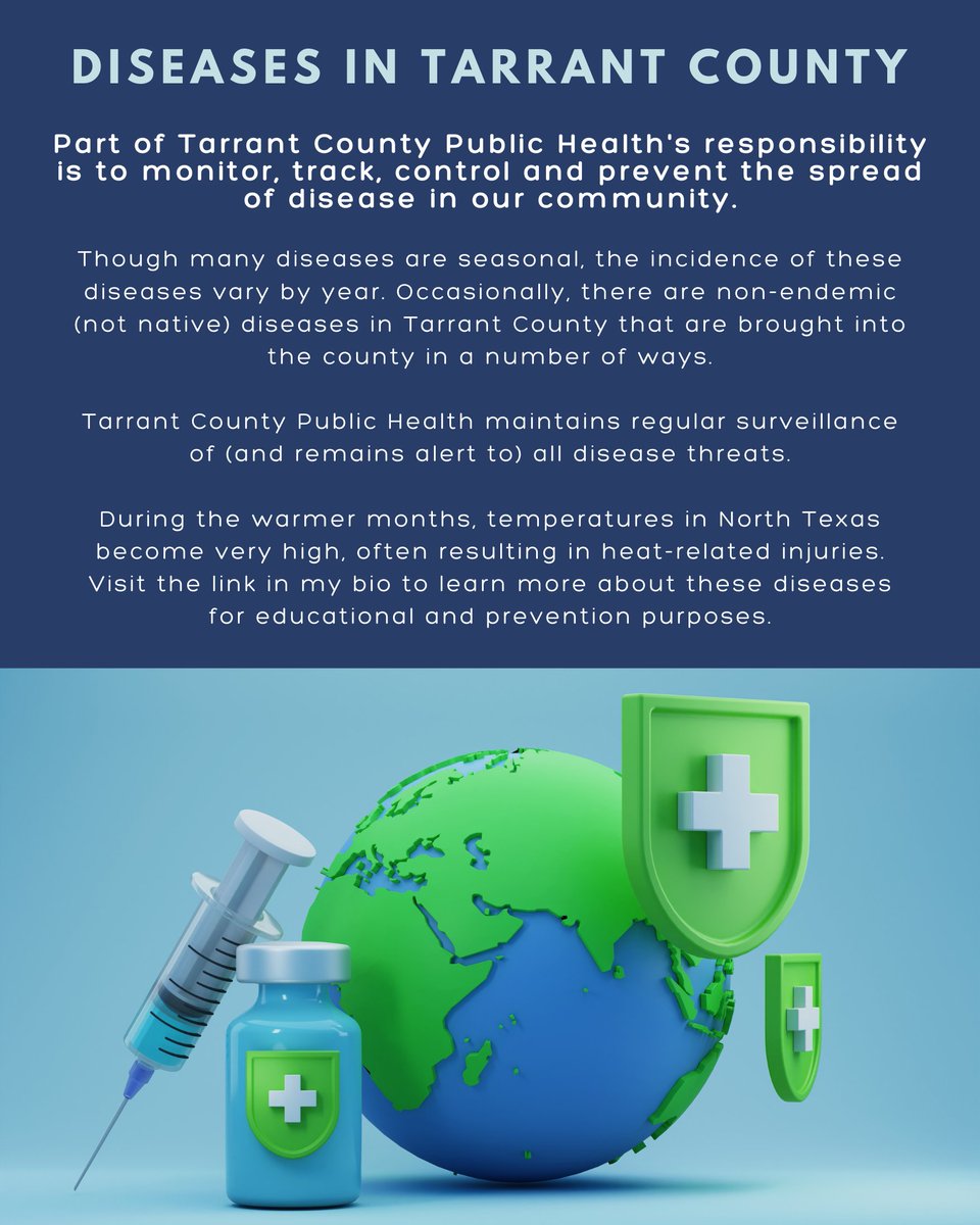 🦠 From mosquito-borne illness to heat exhaustion - Tarrant County Public Health is on the frontlines to keep our community safe, informed, and resilient. Stay informed - your health may depend on it.

Learn how local health officials monitor and respond to disease threats that