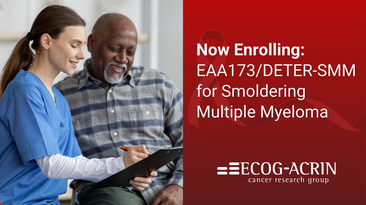 ECOG-ACRIN Cancer Research Group (@eaonc) on Twitter photo The EAA173/DETER-SMM #ClinicalTrial is exploring new treatments for patients with high-risk #SmolderingMyeloma. Interested in learning more? Click here: bit.ly/eaa173detersmm cc: <a href="/nsc_natalie/">Natalie Callander</a>, <a href="/mtmdphd/">Mike Thompson, MD, PhD, FASCO</a>, <a href="/VincentRK/">Vincent Rajkumar</a>, <a href="/NorthTxMSG/">Yelak Biru</a> The EAA173/DETER-SMM #ClinicalTrial is exploring new treatments for patients with high-risk #SmolderingMyeloma. Interested in learning more? Click here: bit.ly/eaa173detersmm cc: <a href="/nsc_natalie/">Natalie Callander</a>, <a href="/mtmdphd/">Mike Thompson, MD, PhD, FASCO</a>, <a href="/VincentRK/">Vincent Rajkumar</a>, <a href="/NorthTxMSG/">Yelak Biru</a>