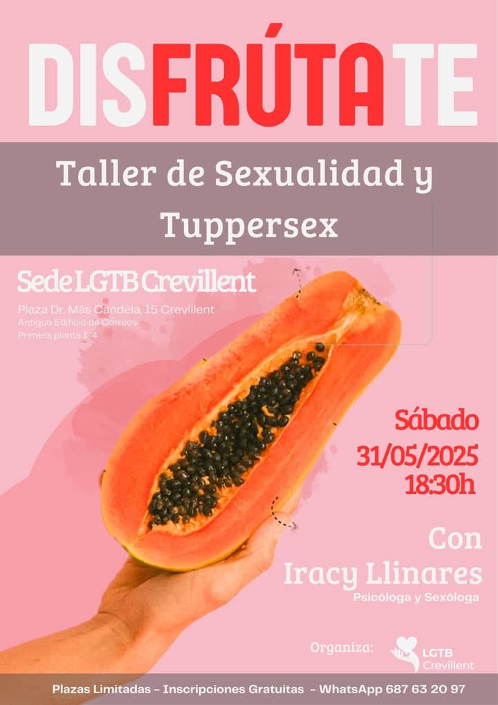 ¡Aquí está el #Tuppersex pendiente! Organizado por <a href="/crevillentLGTB/">Lgtb Crevillent</a> con nuestra psicóloga y sexóloga <a href="/iracypsicologia/">Iracy Llinares Alves</a>  Te interesa este taller si: Quieres pasar una tarde divertida ¡Sábado sabadete! Tienes inquietudes sobre la #sexualidad
#SaludSexual #EducaciónSexual #Sexología