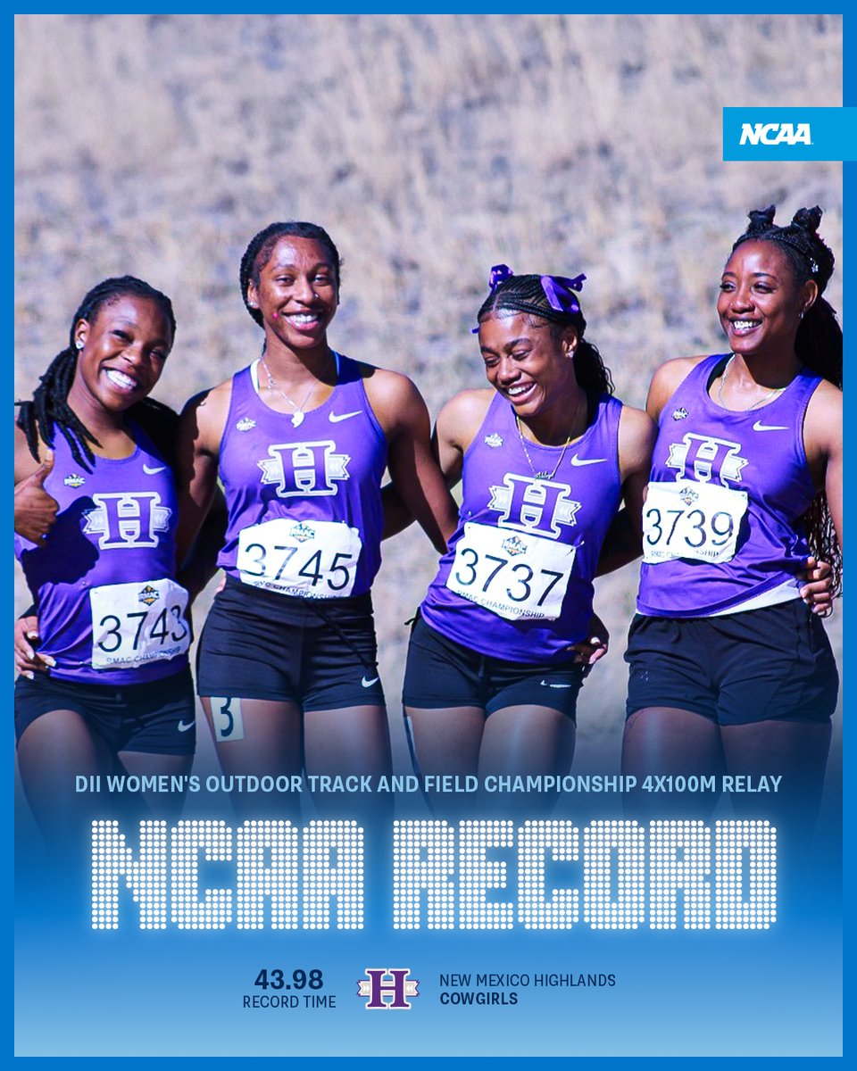 NCAA (@ncaa) on Twitter photo Rewrite the record books 📝 <a href="/NMHU_Athletics/">NMHU Athletics</a> sprints to a 43.98 in the Women’s 4x100 prelim, the fastest in <a href="/NCAADII/">NCAA Division II</a> history.
🏃♀️ Rujeko Munetsi, Ashley Barrett, Kacian Powell, and Patreece Clarke
#D2WOTF Rewrite the record books 📝 <a href="/NMHU_Athletics/">NMHU Athletics</a> sprints to a 43.98 in the Women’s 4x100 prelim, the fastest in <a href="/NCAADII/">NCAA Division II</a> history.
🏃♀️ Rujeko Munetsi, Ashley Barrett, Kacian Powell, and Patreece Clarke
#D2WOTF