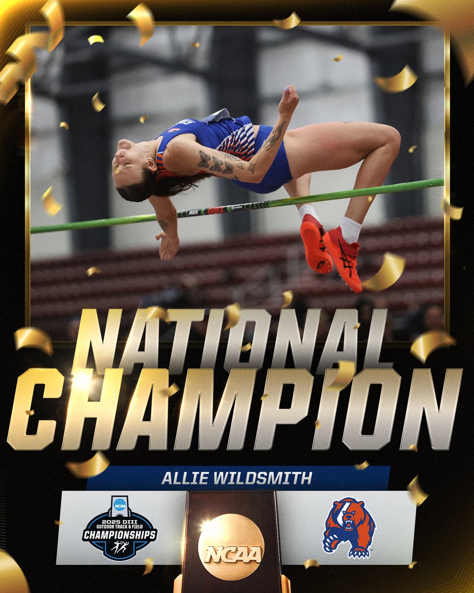 NCAA Division III (@ncaadiii) on Twitter photo NATIONAL CHAMPION🏆
Allie Wildsmith of <a href="/CG_Athletics_/">Coast Guard Bears</a> claims the women's high jump title with a top mark of 1.80m, the best mark at the #D3tf Championships since 1999.
#WhyD3 NATIONAL CHAMPION🏆
Allie Wildsmith of <a href="/CG_Athletics_/">Coast Guard Bears</a> claims the women's high jump title with a top mark of 1.80m, the best mark at the #D3tf Championships since 1999.
#WhyD3