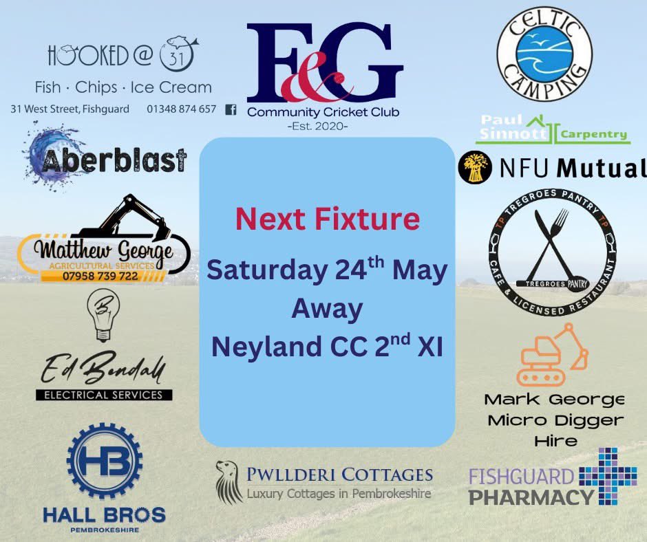 Fishguard & Goodwick CCC (@fandgccc) on Twitter photo We're all weather watching... ๐
Tomorrow we travel to <a href="/NeylandCC/">Clwb Criced Neyland Cricket Club</a> to face their Second XI, if the weather holdsโฆโ๏ธ
Thanks to all our sponsors listed below for their support of the club. Without their generosity, we wouldn't be in the position we are in today.
#WaitOn ๐ We're all weather watching... ๐
Tomorrow we travel to <a href="/NeylandCC/">Clwb Criced Neyland Cricket Club</a> to face their Second XI, if the weather holdsโฆโ๏ธ
Thanks to all our sponsors listed below for their support of the club. Without their generosity, we wouldn't be in the position we are in today.
#WaitOn ๐