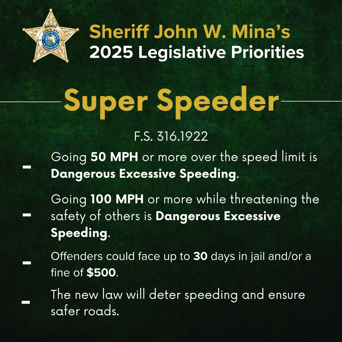 Orange County Sheriff's Office (@orangecosheriff) on Twitter photo Yesterday the “Super Speeder” bill, one of Sheriff Mina’s top legislative priorities, was signed by Governor Ron DeSantis. This law will help keep our roads safe in Orange County and will go into effect starting July 1st. Thank you to <a href="/SheriffMina/">Sheriff John Mina</a>, <a href="/GovRonDeSantis/">Ron DeSantis</a> , and the Yesterday the “Super Speeder” bill, one of Sheriff Mina’s top legislative priorities, was signed by Governor Ron DeSantis. This law will help keep our roads safe in Orange County and will go into effect starting July 1st. Thank you to <a href="/SheriffMina/">Sheriff John Mina</a>, <a href="/GovRonDeSantis/">Ron DeSantis</a> , and the