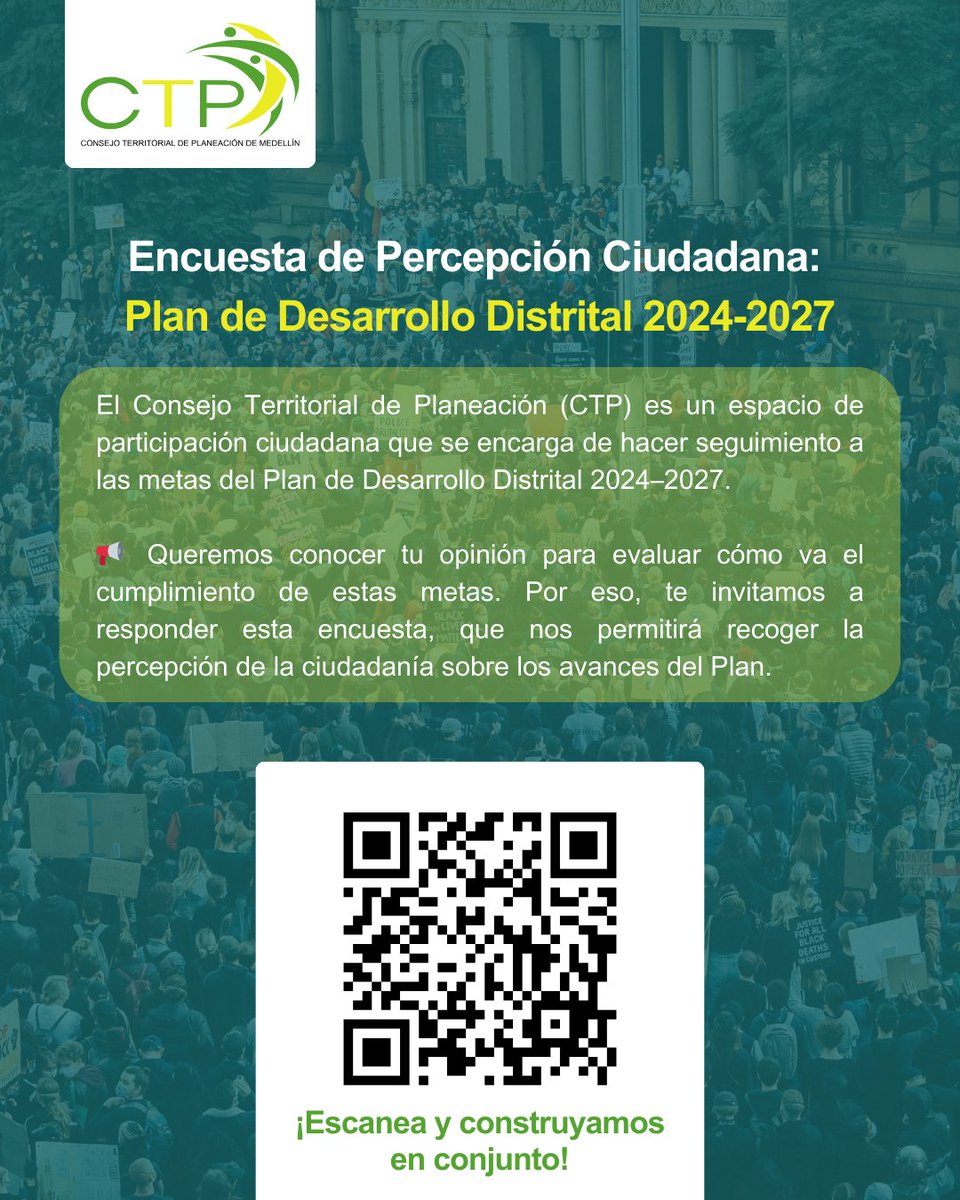 CTP_Med's tweet photo. 📍¿Quiénes pueden participar?
Personas que habitan en Medellín y que tengan 14 años o más.

📄 Conoce el Plan de Desarrollo Medellín Te Quiere 2024–2027:
👉 https://t.co/7pKV0sU9WB 

¡Tu voz es clave para construir una mejor ciudad! 🌆 https://t.co/SDZCzv0plp