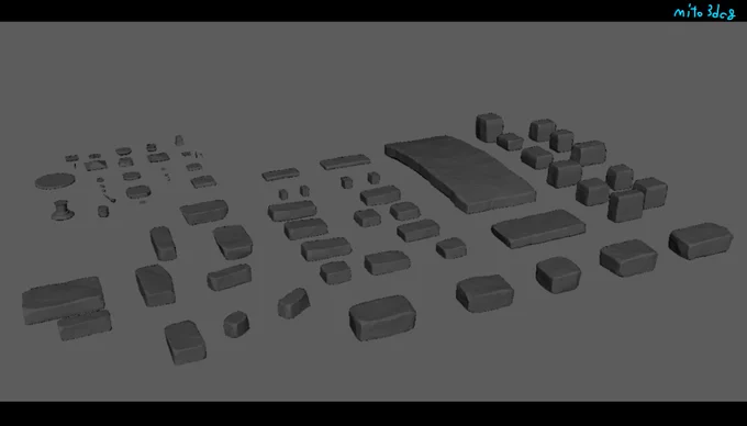 石材のオブジェクトのローポリゴンとノーマルベイク用のハイポリゴンはZbrushで練習しつつ作成中です。 #AtelierMito  #bg #maya #unity #ZBrush 