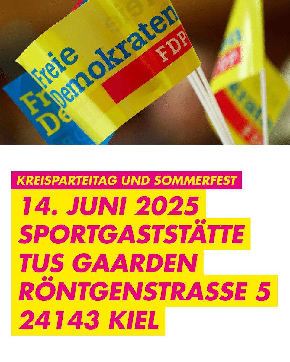 Am 14. Juni 2025 findet unser nächster Kreisparteitag statt. Gemeinsam wollen wir beraten, welche Themen uns Freien Demokraten in Kiel besonders am Herzen liegen!

👉 Infos zur Anmeldung unter fdpkiel.de/termin/kreispa…