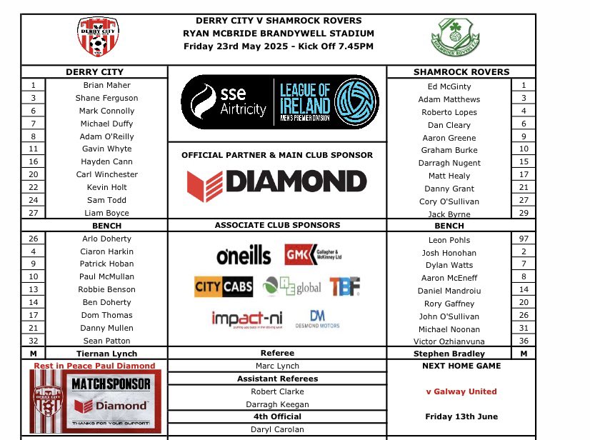 Eric White (@ericwhite80) on Twitter photo Team sheet from Brandywell
<a href="/derrycityfc/">Derry City FC</a> v <a href="/ShamrockRovers/">Shamrock Rovers FC</a>
âĄď¸ Ferguson and Winchester
âŹ
ď¸ Harkin and Benson
<a href="/BBCRadioFoyle/">BBC Radio Foyle</a> 7.45pm ko Team sheet from Brandywell
<a href="/derrycityfc/">Derry City FC</a> v <a href="/ShamrockRovers/">Shamrock Rovers FC</a>
âĄď¸ Ferguson and Winchester
âŹ
ď¸ Harkin and Benson
<a href="/BBCRadioFoyle/">BBC Radio Foyle</a> 7.45pm ko
