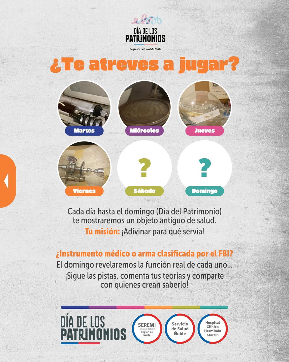 🎉 ¡El #DíaDeLosPatrimonios continúa! 

🔎 Hoy llega la cuarta pregunta de nuestra Trivia Patrimonial en Salud:
A simple vista, este objeto podría estar en una película de aventuras, pero en realidad jugó un papel clave en la historia de la salud.

¿Reconoces de qué se trata? 👀