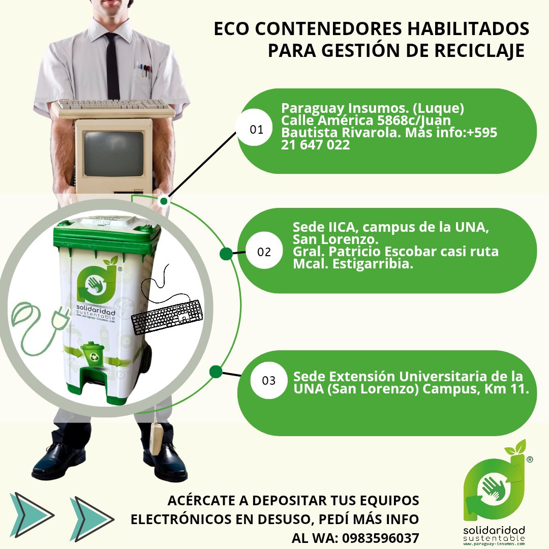 sosustentablepy's tweet image. 😉👉Encontrá tu ♻️ Eco contenedor para depositar tus equipos informáticos y otros electrónicos en desuso, aquí. ✅Desde S. Sustentable llevamos a cabo la gestión de reciclaje de estos residuos para proteger el medioambiente de la contaminación.
✅Escribinos al WA: 0983596037💚