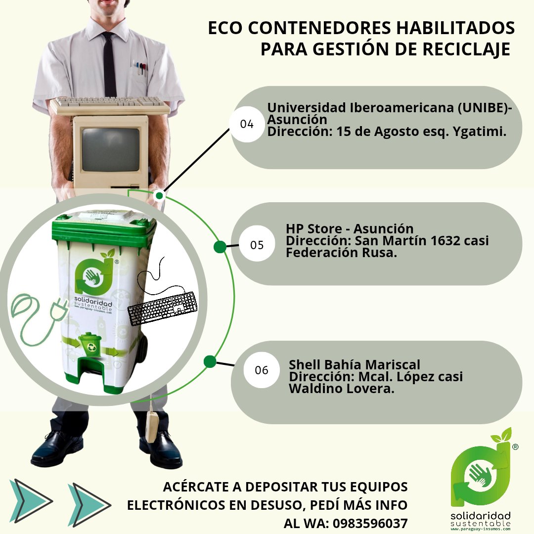 sosustentablepy's tweet image. 😉👉Encontrá tu ♻️ Eco contenedor para depositar tus equipos informáticos y otros electrónicos en desuso, aquí. ✅Desde S. Sustentable llevamos a cabo la gestión de reciclaje de estos residuos para proteger el medioambiente de la contaminación.
✅Escribinos al WA: 0983596037💚