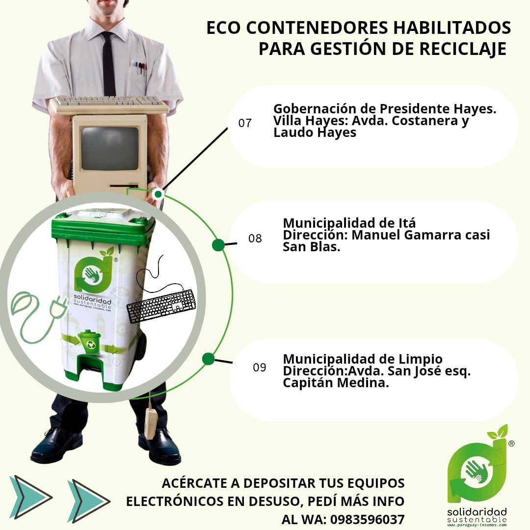 sosustentablepy's tweet image. 😉👉Encontrá tu ♻️ Eco contenedor para depositar tus equipos informáticos y otros electrónicos en desuso, aquí. ✅Desde S. Sustentable llevamos a cabo la gestión de reciclaje de estos residuos para proteger el medioambiente de la contaminación.
✅Escribinos al WA: 0983596037💚