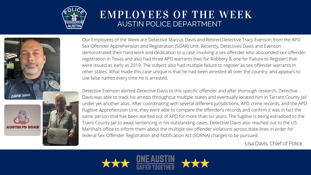 APDChiefDavis's tweet image. I want to recognize Det. Marcus Davis and Retired Det. Tracy Evenson from the APD Sex Offender Apprehension and Registration (SOAR) Unit as our Employees of the Week. I’m thankful they took extra steps to ensure a repeat offender is held accountable for his actions. Great job!