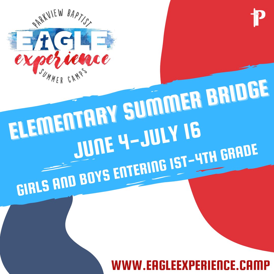 📚 ELEMENTARY SUMMER BRIDGE CAMP
Keep those skills sharp this summer! PBS students can work with teachers on summer packets while having fun &amp; staying prepared.
📍Register here: eagleexperience.camp/enrichment-cam…
#AcademicExcellence #SummerAtPBS #EagleExperience #ParkviewProud