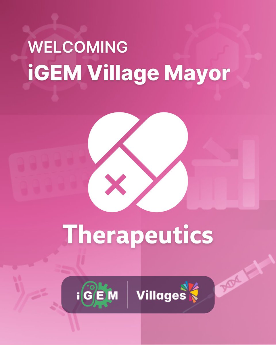 iGEMCommunity's tweet image. Welcoming Dr. Aneesa Sheikh as the Mayor of iGEM’s Therapeutics Village!
The Therapeutics Village brings together the iGEM community, tackling some of today’s most pressing healthcare challenges, from drug delivery systems to next-generation biologics.
villages.igem.org