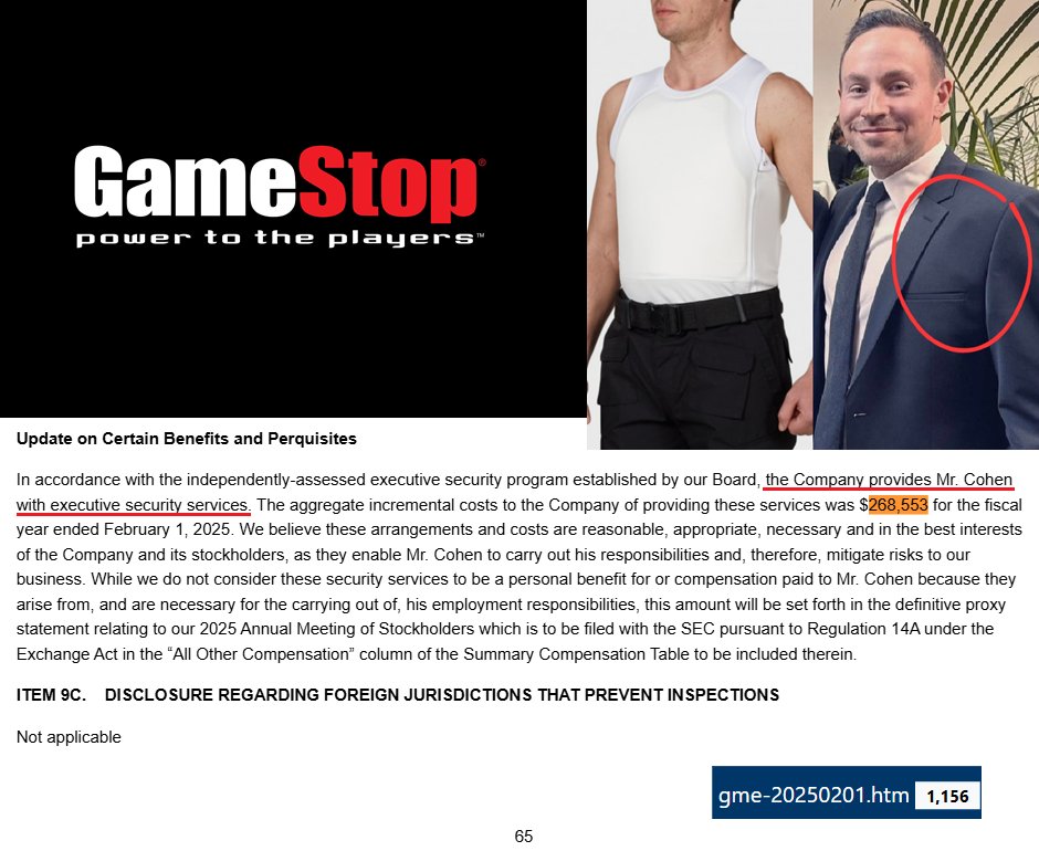edwinbarnesc's tweet image. Protect Ryan Cohen At All Costs $GME
The chairman of GameStop received $268,553 in executive security services according to the recent 10K filing.
This man works for free yet has to wear Kevlar bulletproof armor for a reason. Taking on Wall Street is a life or death game.…