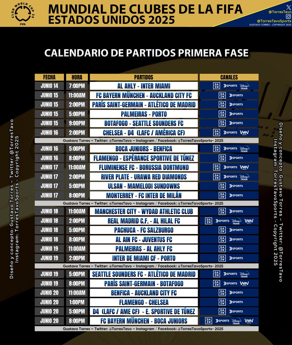 TorresTavo's tweet photo. #MundialDeClubes 

Calendario completo de la primera ronda del Mundial de Clubes 2025 con días, partidos, horarios y canales / plataformas que emitirán cada juego en Colombia.

Se incluyen los juegos que transmitirán Win Sports y Disney+ en el país.

Si te gustó, dale un RT. https://t.co/th3WZdZrdK