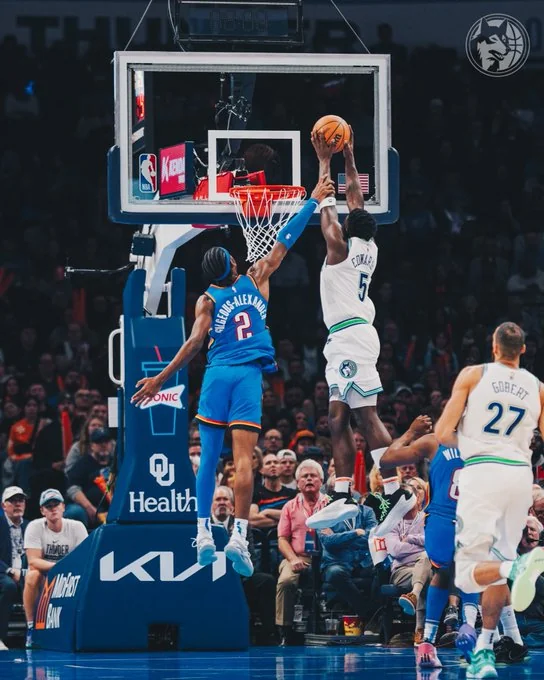 Anthony Edwards gets the worst whistle in the league.

Ant grazes Dort's off arm: Foul. 

SGA smacks Ant's shooting arm: No Foul. 2-minute report says correct call as it was marginal contact. (pic below)