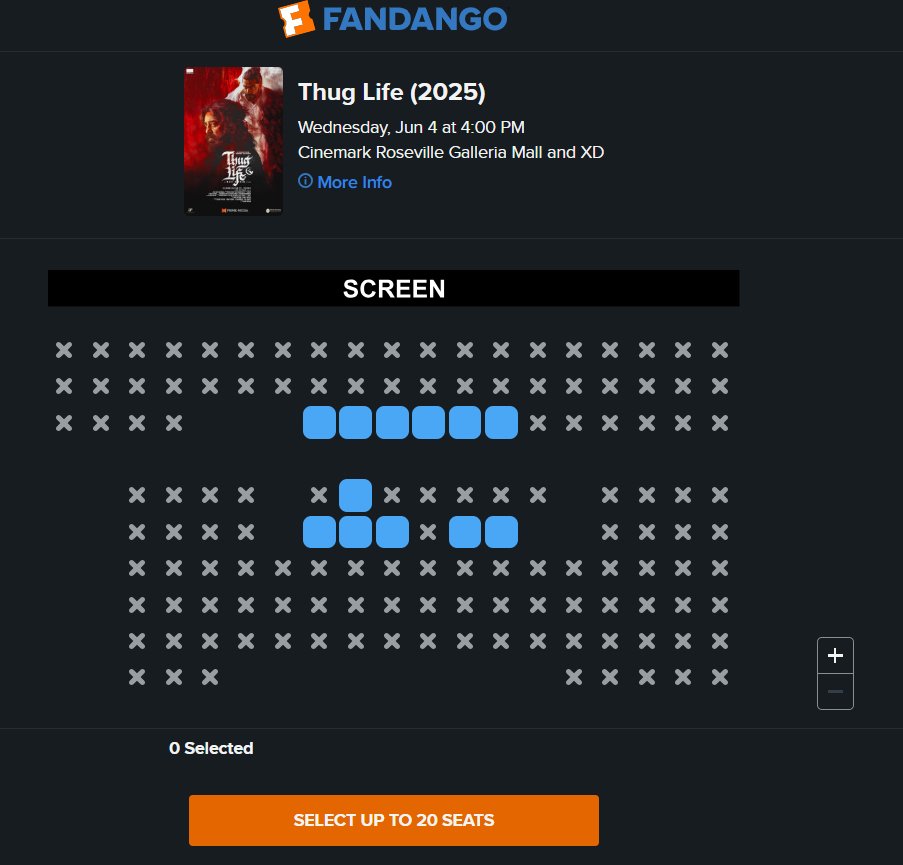 Mass_Maharaja's tweet image. Pure Madness! #DBOX tickets almost sold out🔥❤️‍🔥🔥 #ThugLife USA booking started few hours back and tickets are getting sold out like hot cakes. 

#KamalHaasan𓃵 all set to unleash the rage on June 4th in USA.