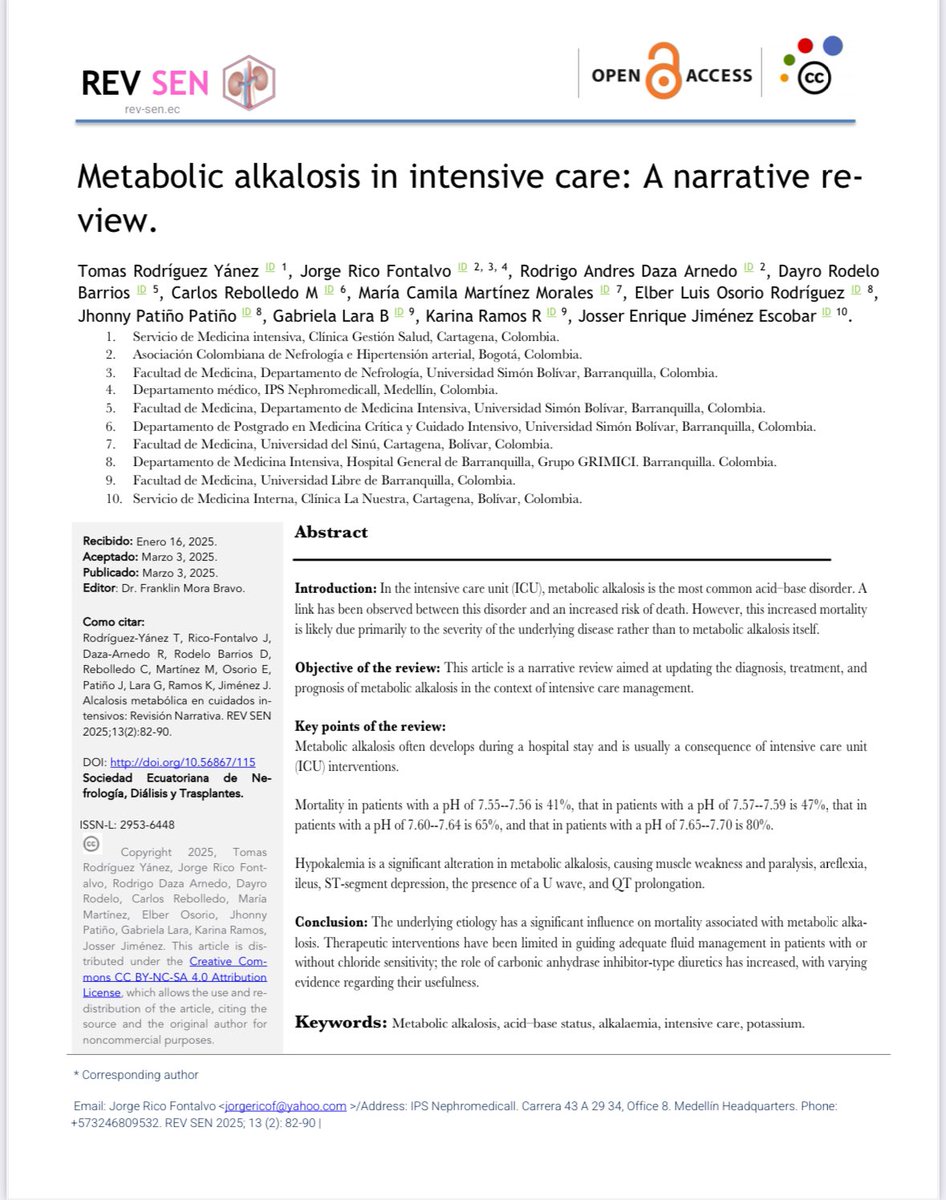 Dr Jorge Rico Fontalvo. MD.FISN. FSLANH , PhD (@jorgericof) on Twitter photo Comparto nueva publicación . Metabolic alkalosis in intensive care: A narrative review. REV SEN 2025;13(2):82-90. rev-sen.ec/index.php/revi…. <a href="/SLANH_/">SLANH</a> <a href="/nefrologiaecu/">Sociedad Ecuatoriana De Nefrología SEN</a> <a href="/asocolnefmedios/">Asociación Colombiana de Nefrología</a> . Comparto nueva publicación . Metabolic alkalosis in intensive care: A narrative review. REV SEN 2025;13(2):82-90. rev-sen.ec/index.php/revi…. <a href="/SLANH_/">SLANH</a> <a href="/nefrologiaecu/">Sociedad Ecuatoriana De Nefrología SEN</a> <a href="/asocolnefmedios/">Asociación Colombiana de Nefrología</a> .