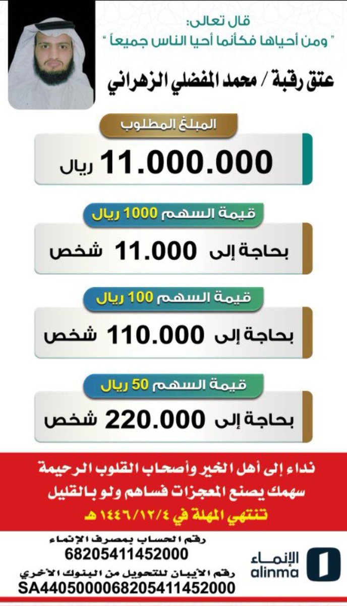 #ام_محمد_الزهراني_تنخاكم

تكفووون ياأهل الخير ام محمد تنخاكم

متبقي على انتهاء المهله🔻 9 يوم🔻
 
الحساب البنكي الرسمي بإسم إمارة منطقة الباحه 

رقم الايبان بجميع البنوك 

SA4405000068205411452000

رقم الحساب لمصرف الانماء 

68205411452000

دية سعيد الزهراني