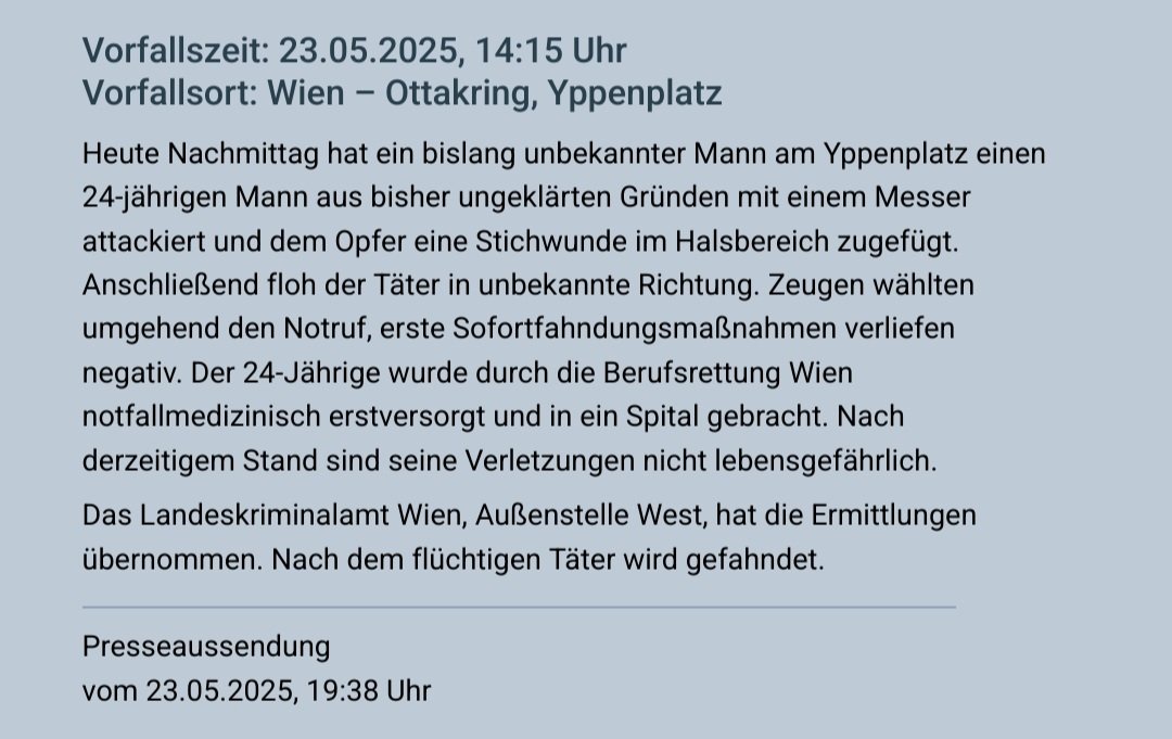 Am Yppenplatz in #Ottakring kam es heute Nachmittag zu einer Attacke mit einem Messer: