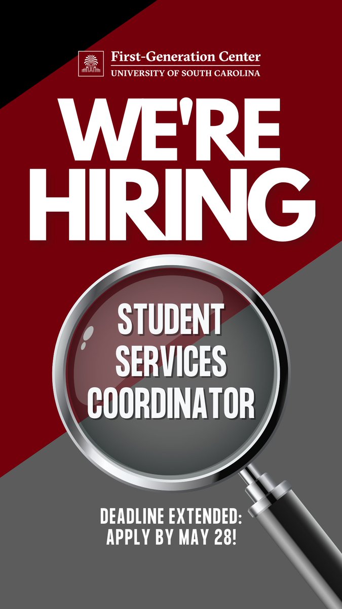 USCFIRST_GEN's tweet image. 🟥DEADLINE EXTENDED - APPLY BY MAY 28
We're looking for a team member who is passionate about student success, event planning, and helping first-gen students network and thrive at @uofsc!
Bachelor's degree and relevant experience are required. APPLY AT: uscjobs.sc.edu/postings/186467