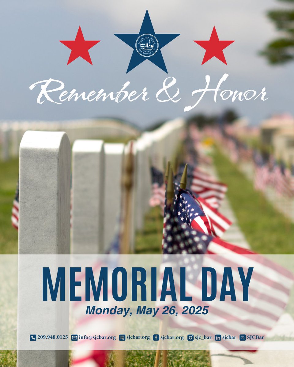 In observance of Memorial Day, the #SJCBA office will be closed on Monday, May 26, 2025.

We take this day to honor and remember all who have made the ultimate sacrifice in service to our country.

Regular office hours will resume on Tuesday, May 27.

#SJCBAR #MemorialDay