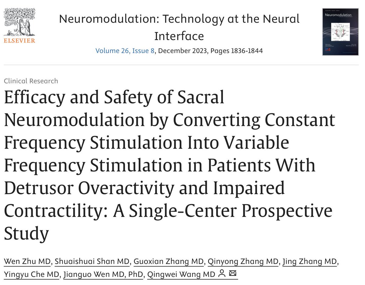 JNeuromod's tweet image. 📖 #FBF 2023:   &quot;Efficacy and Safety of Sacral Neuromodulation by Converting Constant Frequency Stimulation Into Variable Frequency Stimulation in Patients With Detrusor Overactivity and Impaired Contractility: A Single-Center Prospective Study&quot; 

👀  sciencedirect.com/science/articl…