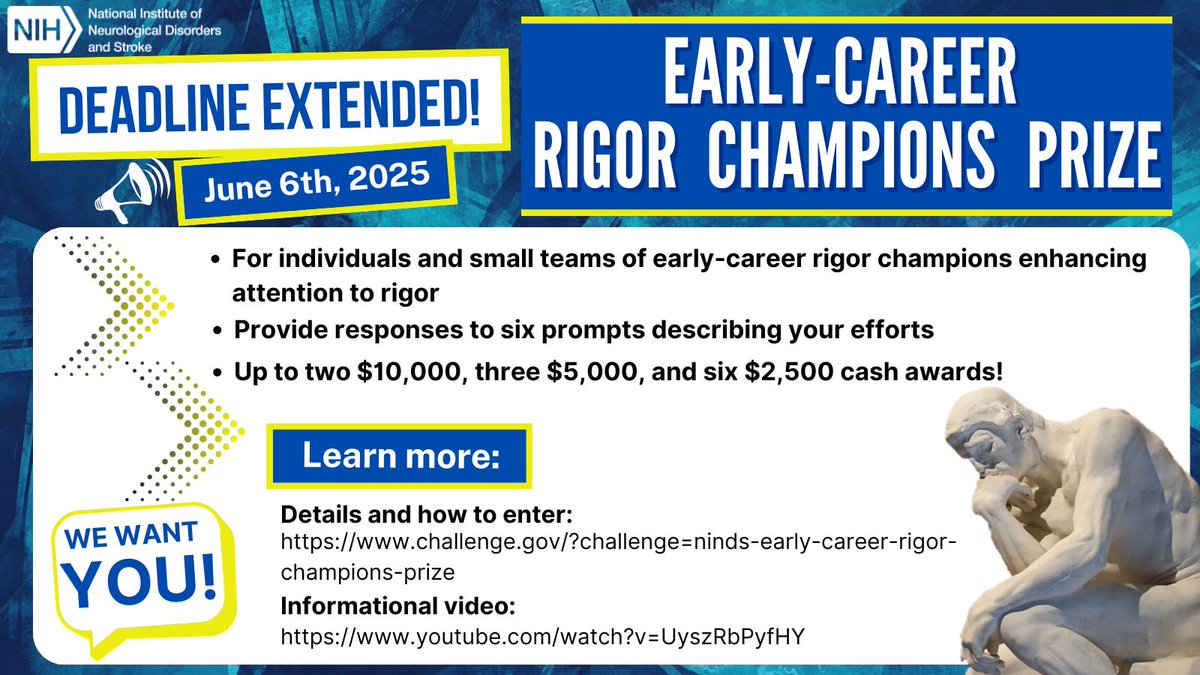 NINDS (@nih_ninds) on Twitter photo The deadline for the NINDS Early-Career Rigor Champions Prize is in two weeks (6/6/25)!
Up to 11 CASH awards will be made!
x.com/NIH_NINDS/stat… The deadline for the NINDS Early-Career Rigor Champions Prize is in two weeks (6/6/25)!
Up to 11 CASH awards will be made!
x.com/NIH_NINDS/stat…