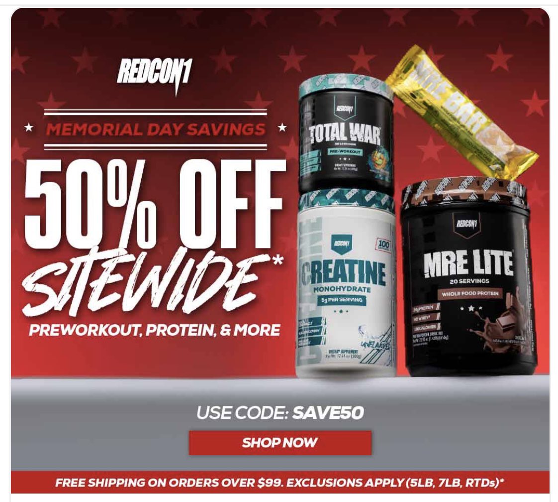 If you wanna stock up on protein powder, pre-workout, and other health and fitness supplements, <a href="/RedCon1Official/">REDCON1</a> is rocking a 50% off sale!

Hit this link redcon1.com/?rstr=AJK and use code SAVE50 at checkout, and get free shipping on orders $99 or more.

Go get em!! 💪💪