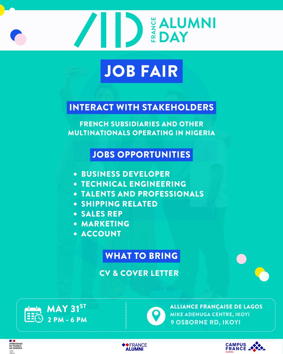 📌 Meet 15+ recruiting and other companies participating at the France Alumni Day 2025, spanning multiple sectors and making waves in Nigeria and across the globe

🗓️ 31st May 2025
🏫 Alliance Française, Ikoyi Lagos 
🕛 12:00 PM – 6:00 PM

🆓FREE ENTRY: forms.gle/jh6eDPn47nzQTw…