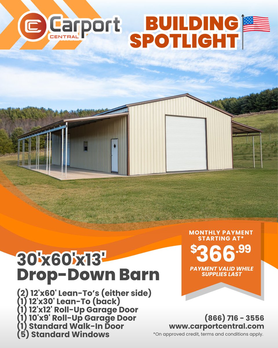 Style, strength, and savings - this premium metal barn is ready to work as hard as you do! Whether for storage, business, or recreation, it’s a standout solution at an unbeatable value!

Hurry—offer valid while supplies last!

Visit carportcentral.com to lock in your price!
