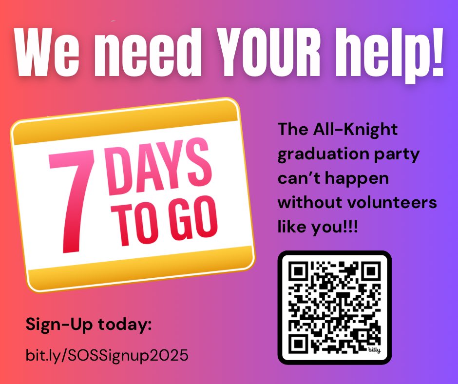 SOSNAHS's tweet image. If you&apos;ve been waiting for a sign to volunteer for the SOS All-Knight Graduation Party, THIS IS YOUR SIGN! Especially if your child is NOT a senior! We rely on undergraduate parents to make this happen and can&apos;t do it without your help. Sign-up here: bit.ly/SOSSignup2025